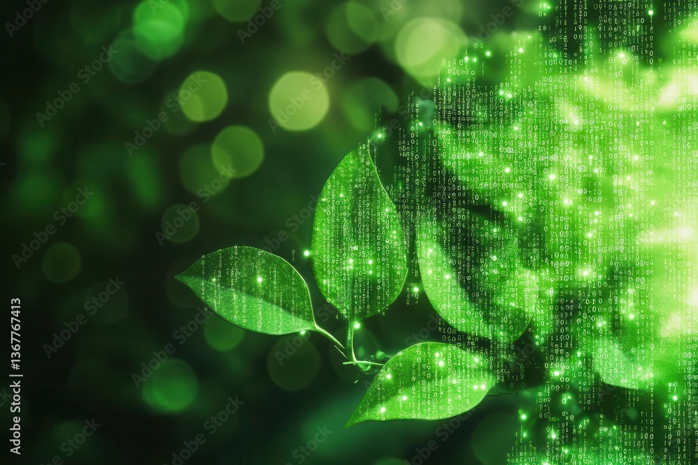 digital transformation concept showing binary code morphing into green leaves symbolizing sustainable technology evolution