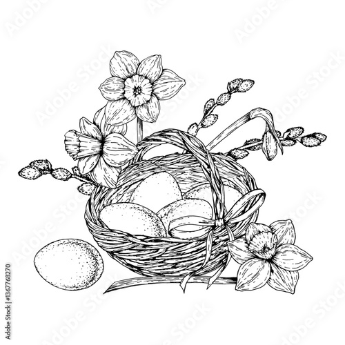Hand drawn vector illustration of an Easter basket with eggs, blooming narcissus flowers and pussy willow branches. Monochrome ink sketch in engraving style on black background.