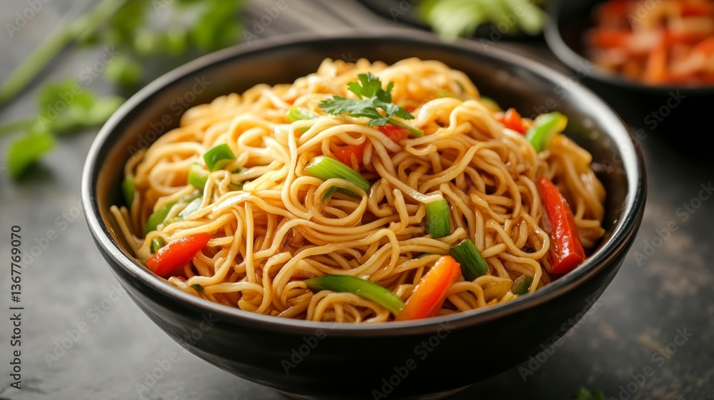 Delicious Stir Fried Noodles with Vegetables in Black Bowl Close-up Delicious Stir Fried Noodles with Vegetables in Black Bowl Close-up
