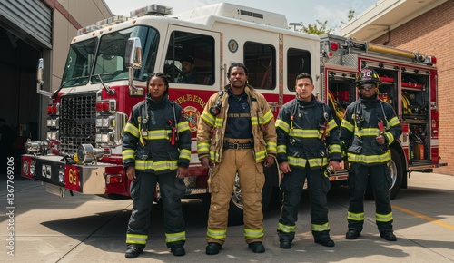 Three firefighters of diverse backgrounds stand in front of fire truck at fire station, representing courage and community service.