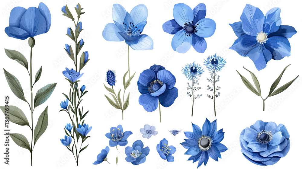 Azure Blooms: Delicate watercolor illustrations of diverse azure-colored flowers with lush green foliage, a vibrant burst of nature's palette. Azure Blooms: Delicate watercolor illustrations of diverse azure-colored flowers with lush green foliage, a vibrant burst of nature's palette.