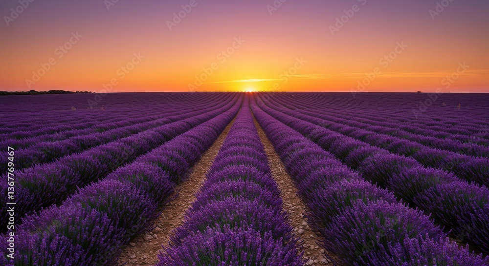 Serene Lavender Fields at Sunset with Rows of Purple Blooms and Horizon Serene Lavender Fields at Sunset with Rows of Purple Blooms and Horizon