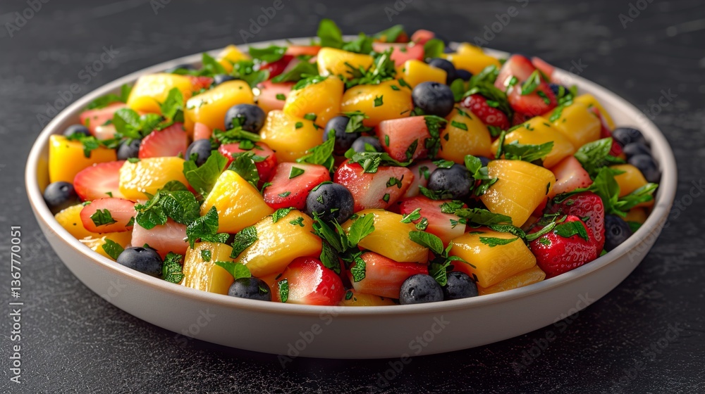 Artistic presentation of fruit salad in a modern minimalist setup, allergen-free food concept with vibrant colors. Beautiful simple Artistic presentation of fruit salad in a modern minimalist setup, allergen-free food concept with vibrant colors. Beautiful simple