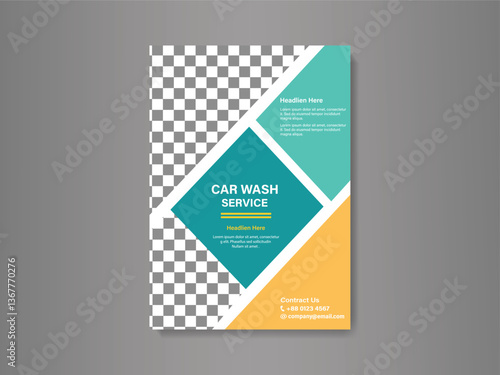 Modern Geometric Car Wash Service Flyer Design with Teal, Light Green, Yellow, and White Accents