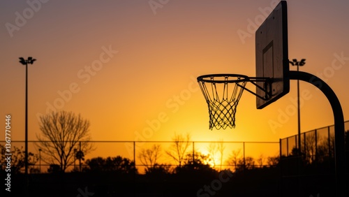 Silhouette of a basketball hoop during a vibrant, orange sunset.