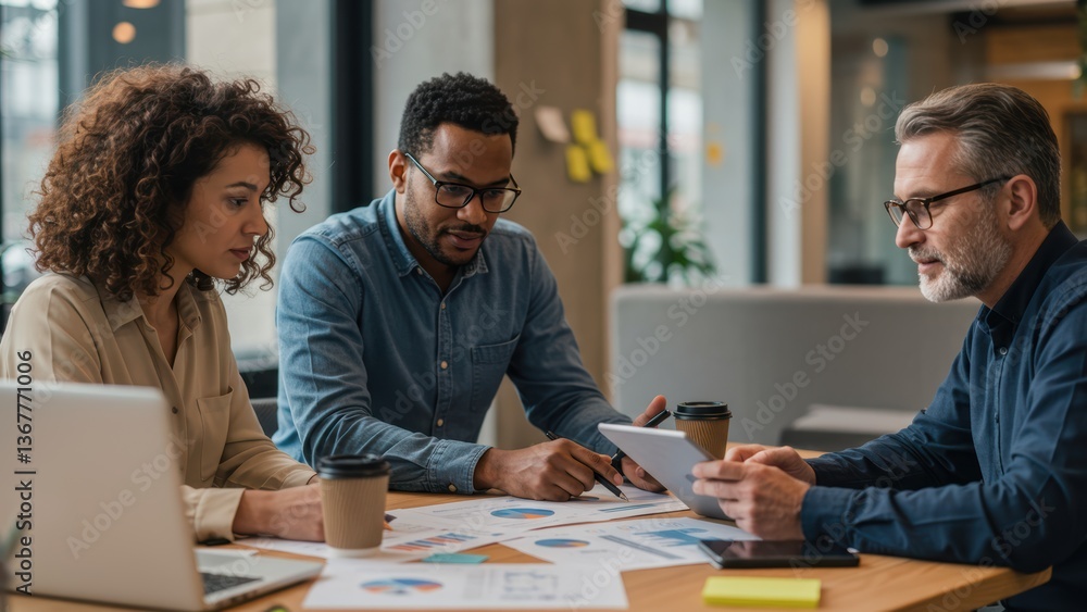 Fototapeta premium Diverse team collaborating on business data at office, focused on success.
