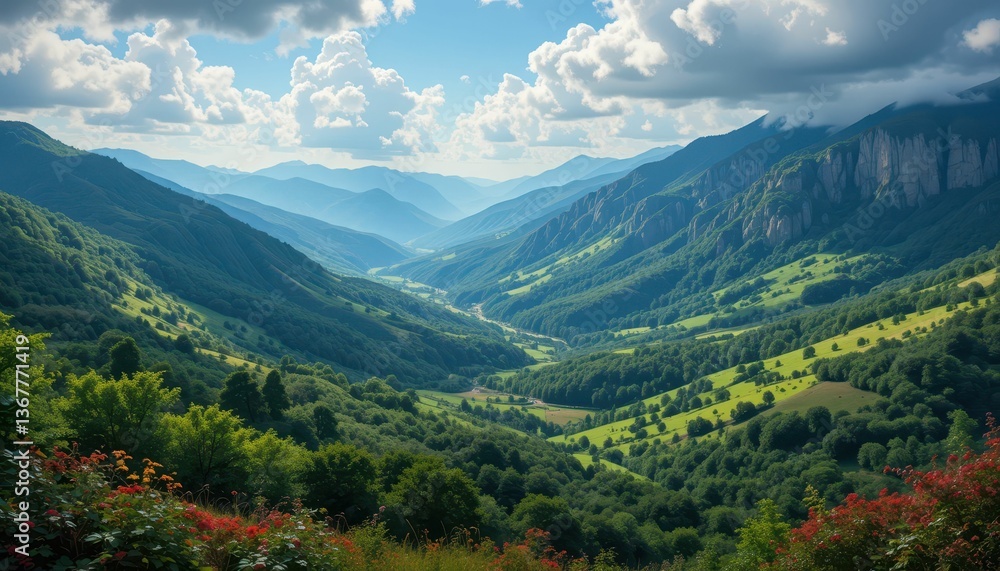 Obraz premium Serene Mountain Valley with Lush Greenery and Stunning Clouds