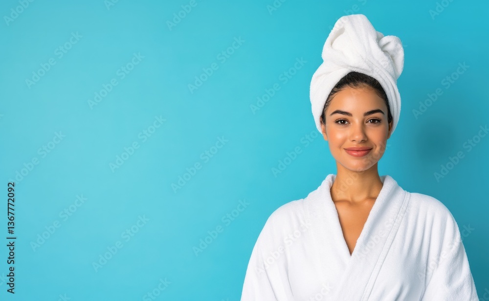 Woman in white bathrobe with towel on head blue background wellness self-care banner copy space Woman in white bathrobe with towel on head blue background wellness self-care banner copy space