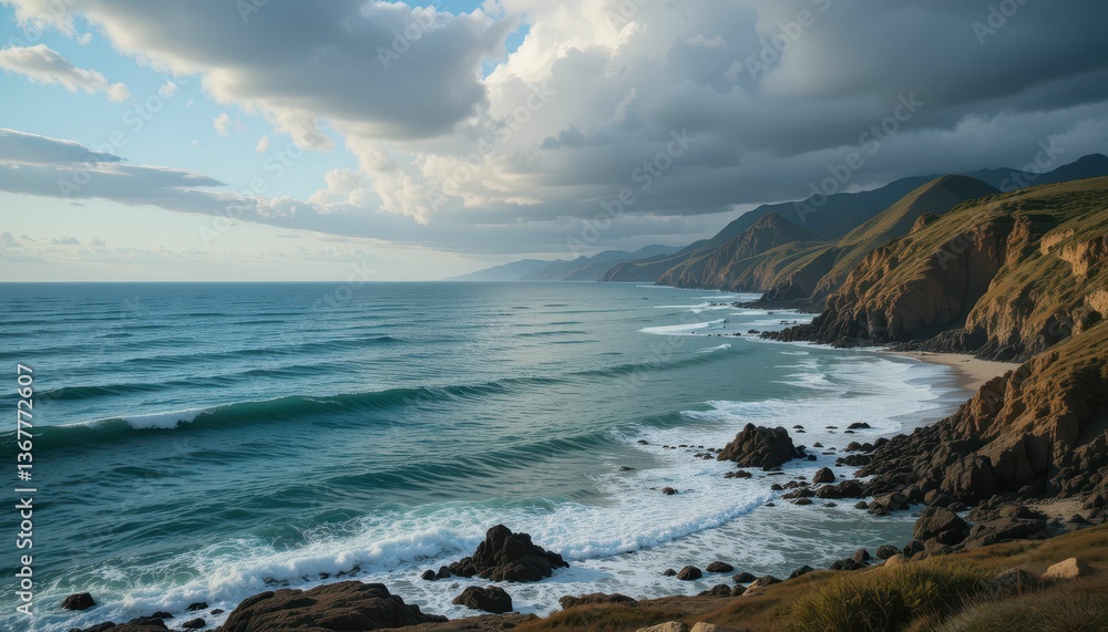 Scenic Coastal Landscape with Waves and Dramatic Cloudy Sky Scenic Coastal Landscape with Waves and Dramatic Cloudy Sky