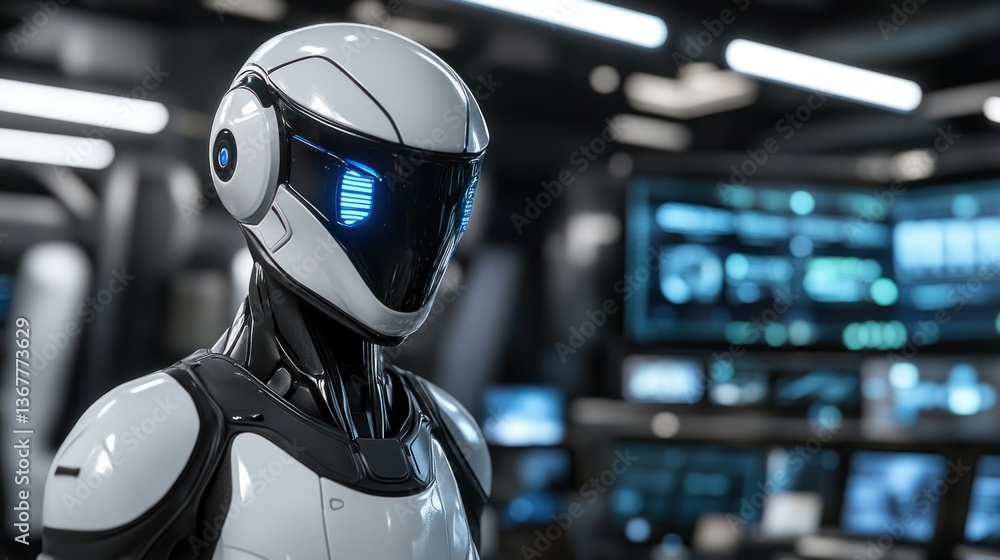 Fototapeta premium A futuristic white humanoid robot in a high tech control room setting.