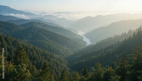 Serene Mountain Landscape with Misty Valleys and River View