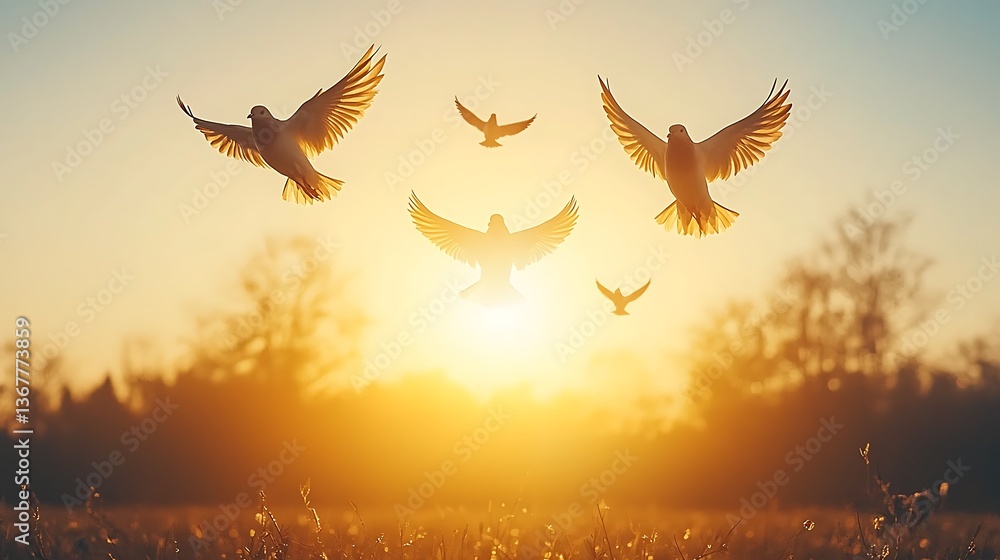 Fototapeta premium Birds in Flight at Sunset Hope Freedom Peace Nature