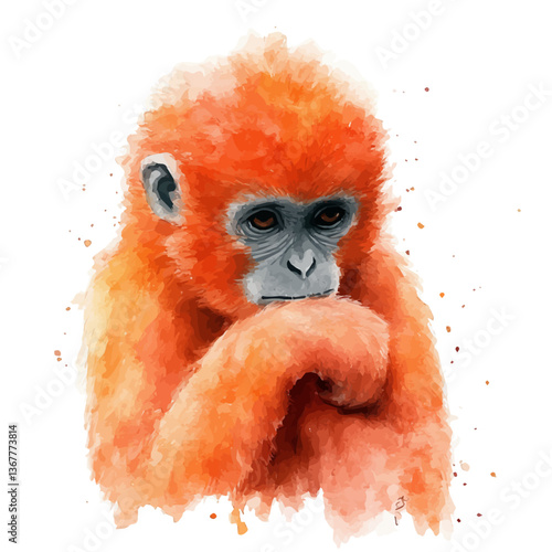 A watercolor painting of a gibbon, isolated on a white background. Gibbon vector.

