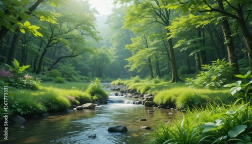 Serene Forest Landscape with Stream and Lush Green Foliage