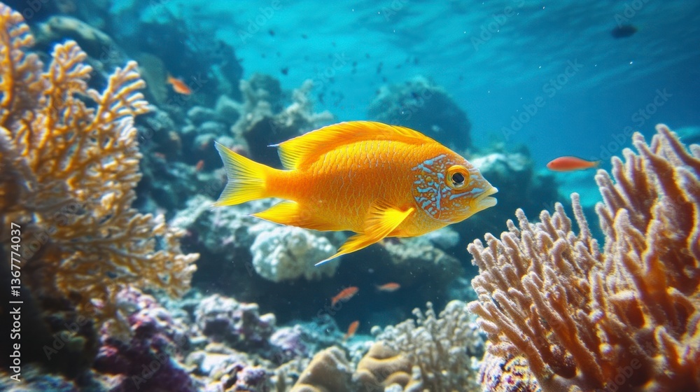 Naklejka premium Swimming Golden Fish on Coral Reef Underwater Scene in Blue Ocean