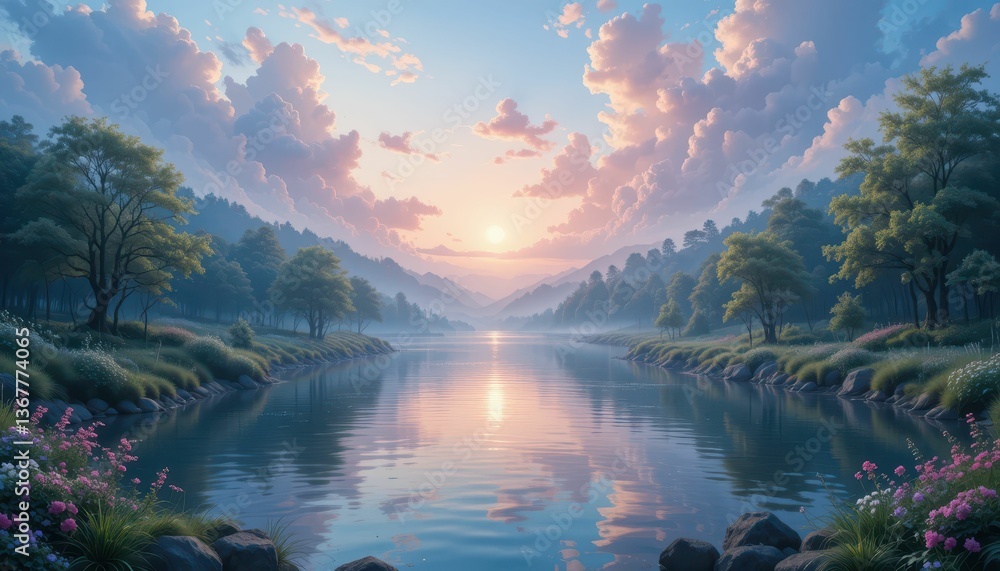 Serene Sunset Over Tranquil River Surrounded by Lush Greenery Serene Sunset Over Tranquil River Surrounded by Lush Greenery