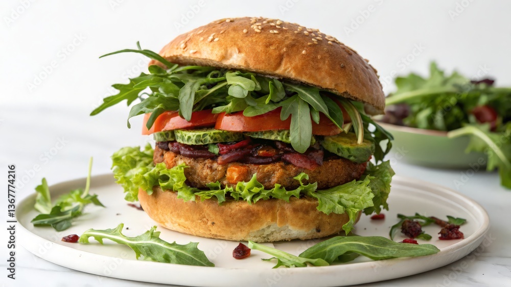 Delicious Vegan Burger with Fresh Vegetables, Avocado, and Whole Wheat Bun
Delicious Vegan Burger with Fresh Vegetables, Avocado, and Whole Wheat Bun