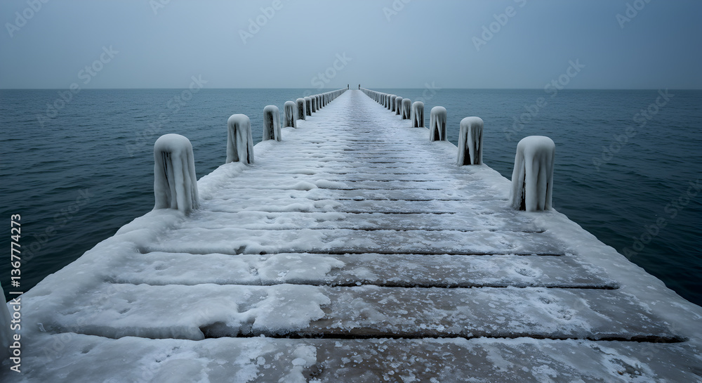 Fototapeta premium Icy embrace: A pier's silent journey into the winter sea landscape