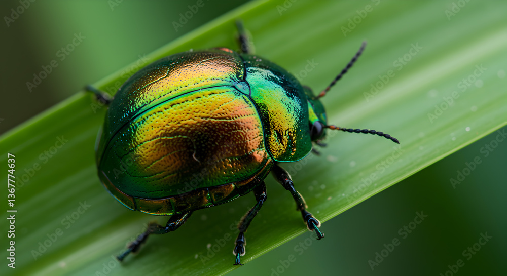 Iridescent elegance: A close-up of a golden tortoise beetle on a leaf Iridescent elegance: A close-up of a golden tortoise beetle on a leaf