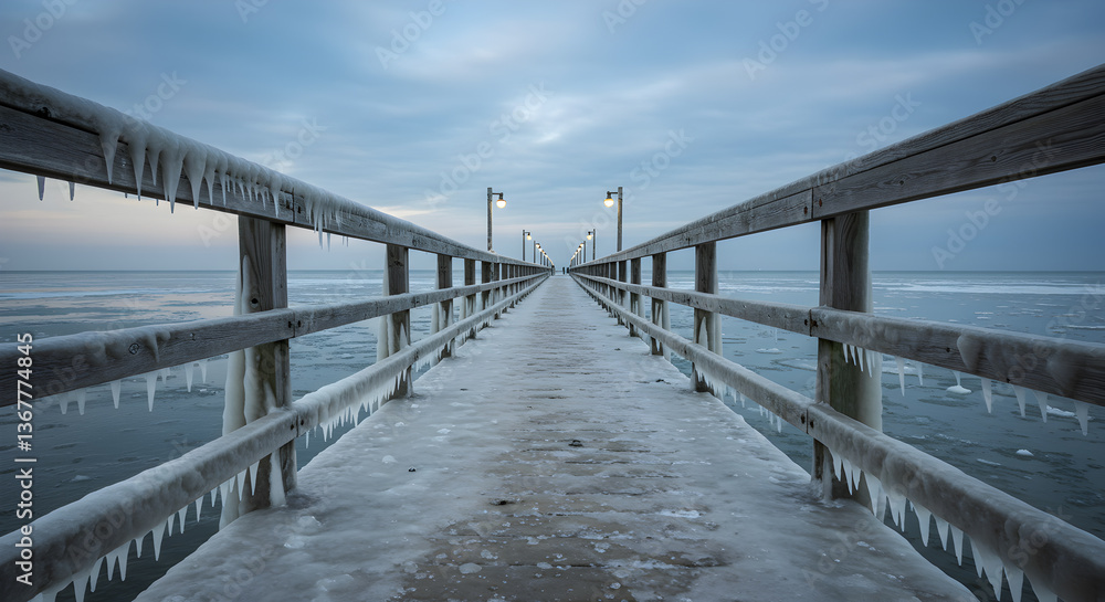 Naklejka premium Icy embrace: A pier stretching into the tranquil winter sea horizon at dusk