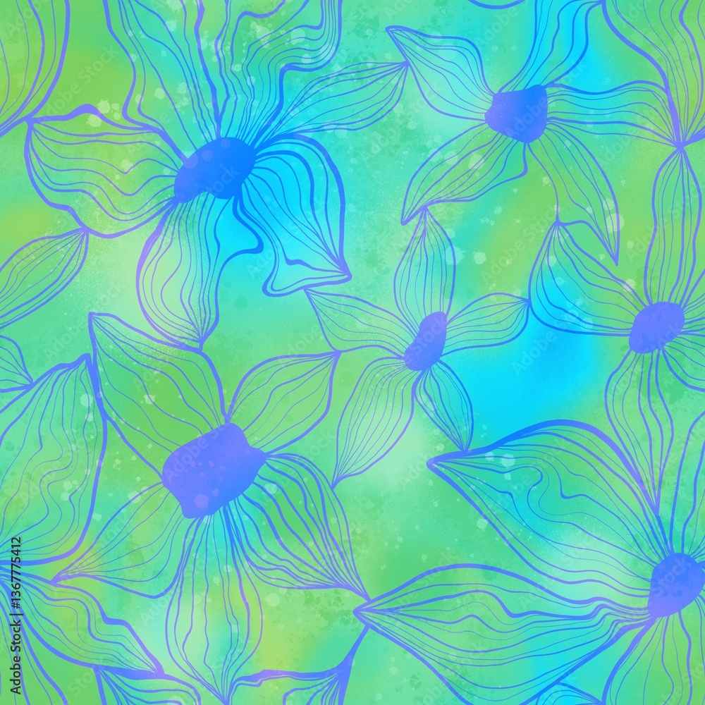 Abstract Hand Drawing Geometric Striped Flowers Seamless Pattern with Digital Painting Watercolor Tie Dye Batik Gradient Background Abstract Hand Drawing Geometric Striped Flowers Seamless Pattern with Digital Painting Watercolor Tie Dye Batik Gradient Background