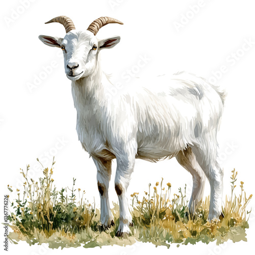 A watercolor painting of a goat, isolated on a white background. Goat vector.

