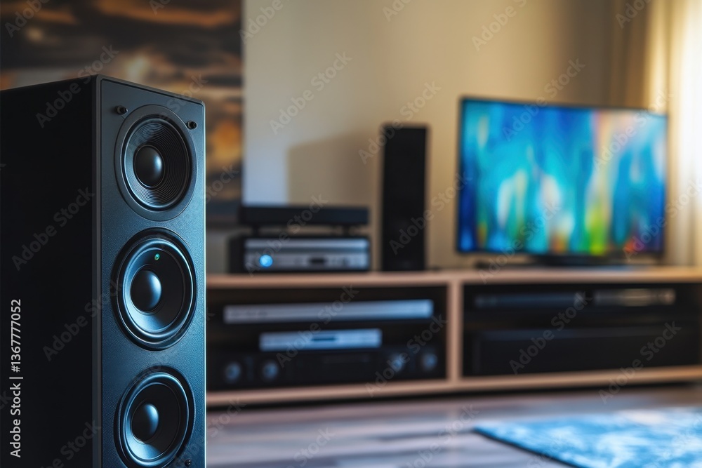Home audio speaker system enhances entertainment experience in a cozy living room setting Home audio speaker system enhances entertainment experience in a cozy living room setting