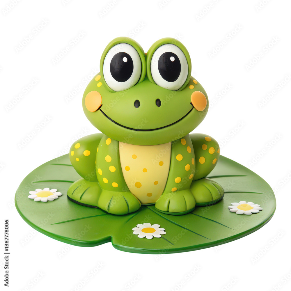 Fototapeta premium A cheerful frog figurine with large eyes and a smiling face, perched on a green lily pad adorned with white daisies.