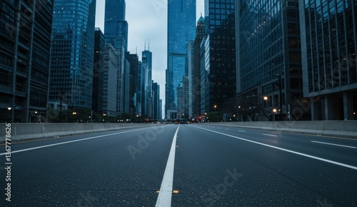Empty street in downtown Chicago showcasing modern skyscrapers and city lights, representing urban solitude.