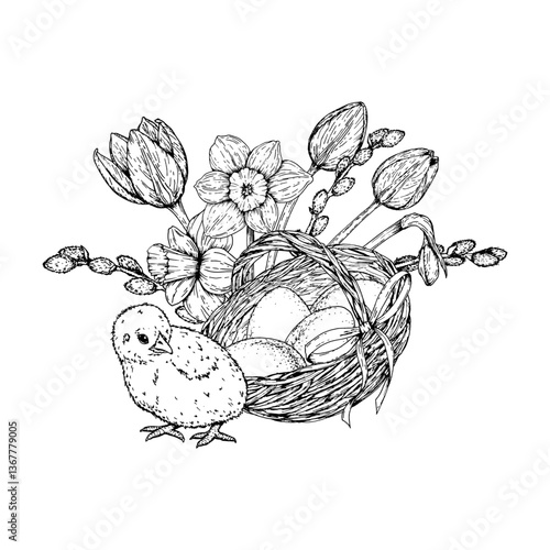 Vector black and white illustration of a chicken near an Easter basket with eggs, blooming narcissus flowers and pussy willow branches. Hand drawn ink line art for spring and holiday themes.