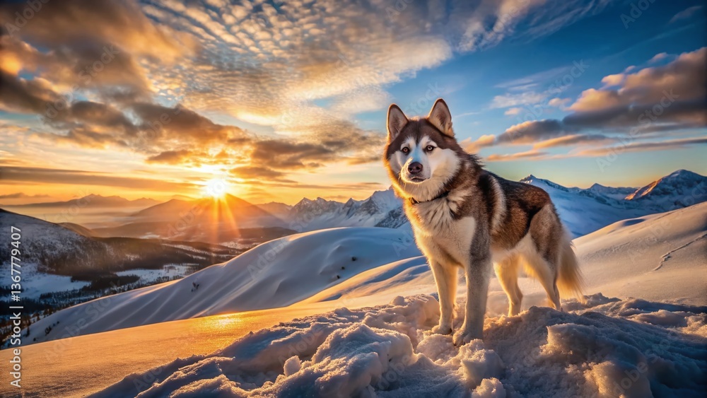Fototapeta premium Majestic Husky Laika Dog Aerial View, Winter Landscape Drone Photography