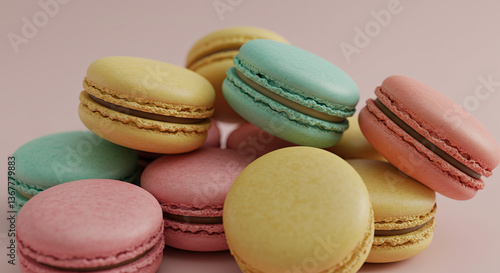 Colorful macarons stacked on pink background  