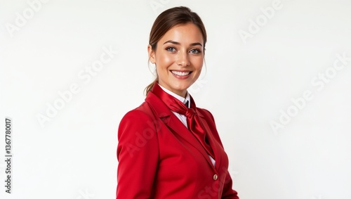 A cheerful air hostess in a red uniform. She stands isolated against a white background, smiling with professionalism and hospitality.