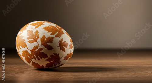 Decorative egg with leaf patterns on wooden surface  