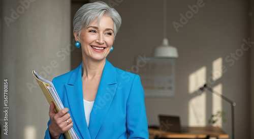 Professional woman smiling with documents in a modern office  