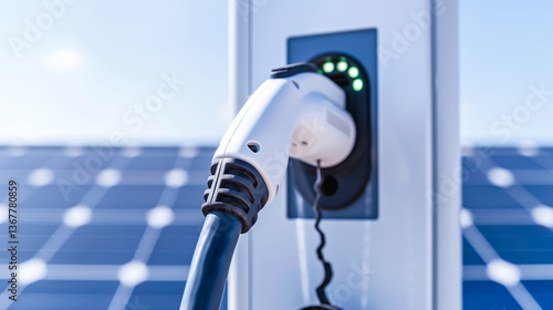 Close-up of EV charger plugged in, solar panels background
