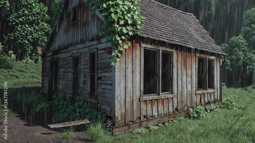 Rustic cabin in forest with ivy growth Rustic cabin in forest with ivy growth