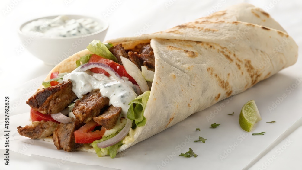 Gyro Wrap with Tzatziki, Lamb, and Fresh Vegetables, Greek Street Food
Gyro Wrap with Tzatziki, Lamb, and Fresh Vegetables, Greek Street Food
