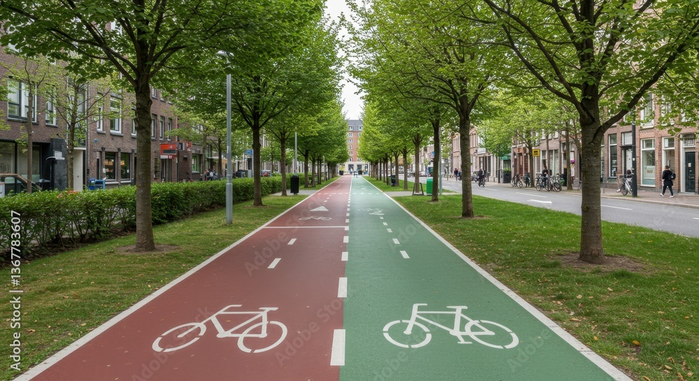 Obraz premium An eco-friendly bike lane stretches through an urban area, flanked by vibrant trees, promoting sustainable transportation and green living in the city
