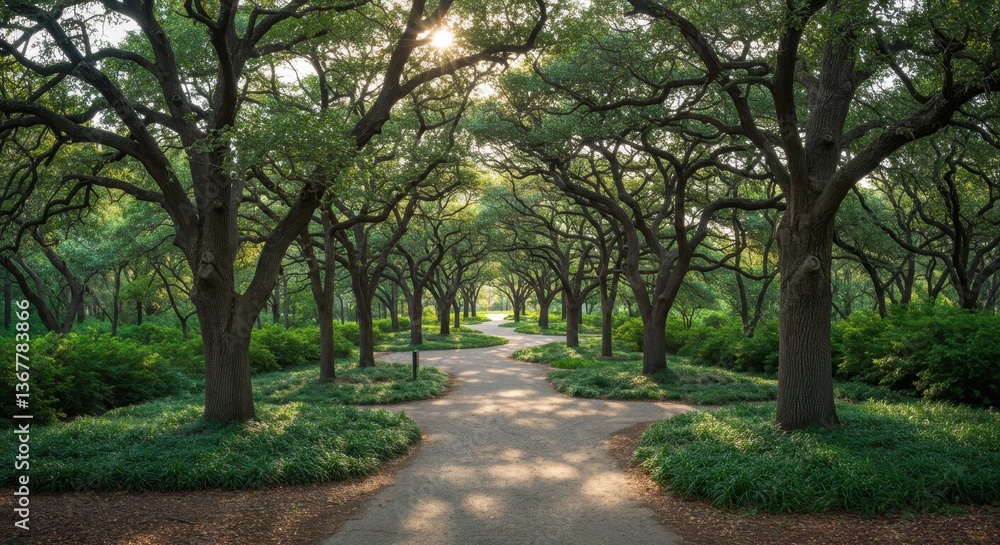 A beautiful park features winding paths surrounded by tall trees and lush shrubs, creating a serene getaway for relaxation and nature lovers A beautiful park features winding paths surrounded by tall trees and lush shrubs, creating a serene getaway for relaxation and nature lovers