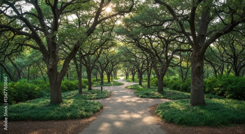 A beautiful park features winding paths surrounded by tall trees and lush shrubs, creating a serene getaway for relaxation and nature lovers
