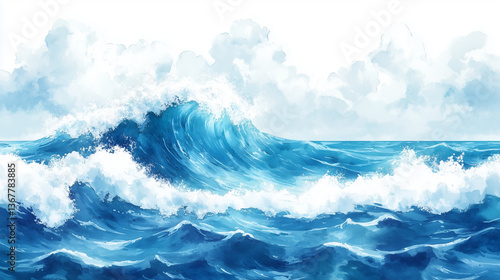 Sea wave, watercolor hand drawn illustration. Sea waves Abstract watercolor hand drawn illustration