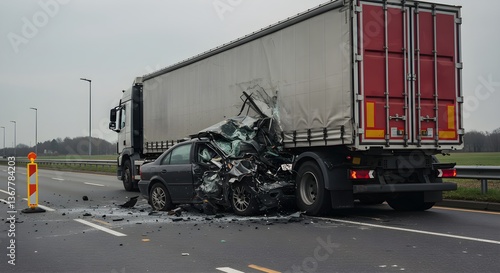 Severe car crash with truck on highway. Crushed vehicle collision aftermath. Traffic accident scene. Road safety awareness concept. Emergency response situation.
