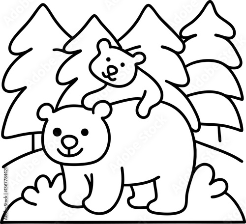 Bear Fathers Day,cute bear and cub in forest setting, showcasing loving bond between them