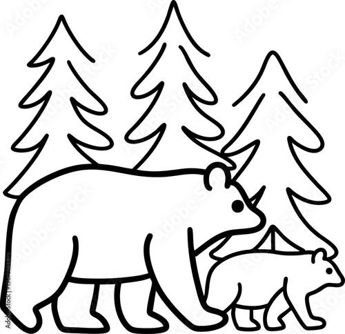 Bear Fathers Day,mother bear and her cub walk through forest of tall trees, showcasing nurturing bond