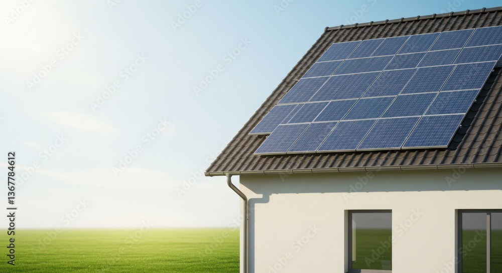 Fototapeta premium Modern home with solar panels on roof harnessing renewable energy