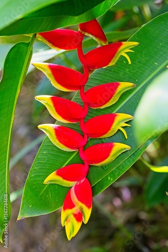 Vibrant Red And Yellow Tropical Flower Surrounded By Green Tropical Leaves