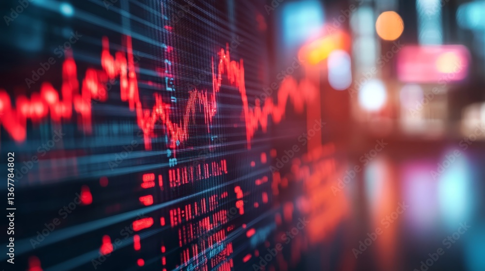 Close-up view highlights a downward-trending red stock market graph on a glowing screen, symbolizing economic uncertainty and financial turbulence Close-up view highlights a downward-trending red stock market graph on a glowing screen, symbolizing economic uncertainty and financial turbulence