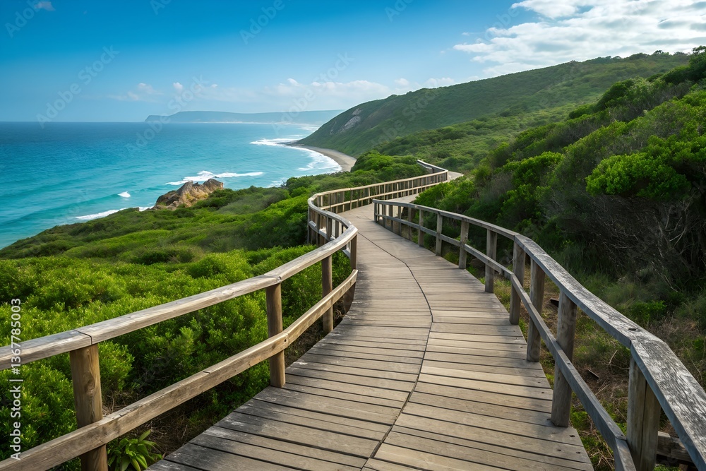 Scenic Coastal Boardwalk Wooden Pathway with Ocean View Scenic Coastal Boardwalk Wooden Pathway with Ocean View