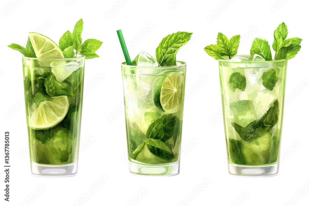 Refreshing Mojitos, A Vibrant Summer Trio Of Lime, Mint, And Ice, Painted With A Loose, Painterly Style Showcasing Their Cool, Crisp Coolness Isolated on Transparent Background Refreshing Mojitos, A Vibrant Summer Trio Of Lime, Mint, And Ice, Painted With A Loose, Painterly Style Showcasing Their Cool, Crisp Coolness Isolated on Transparent Background